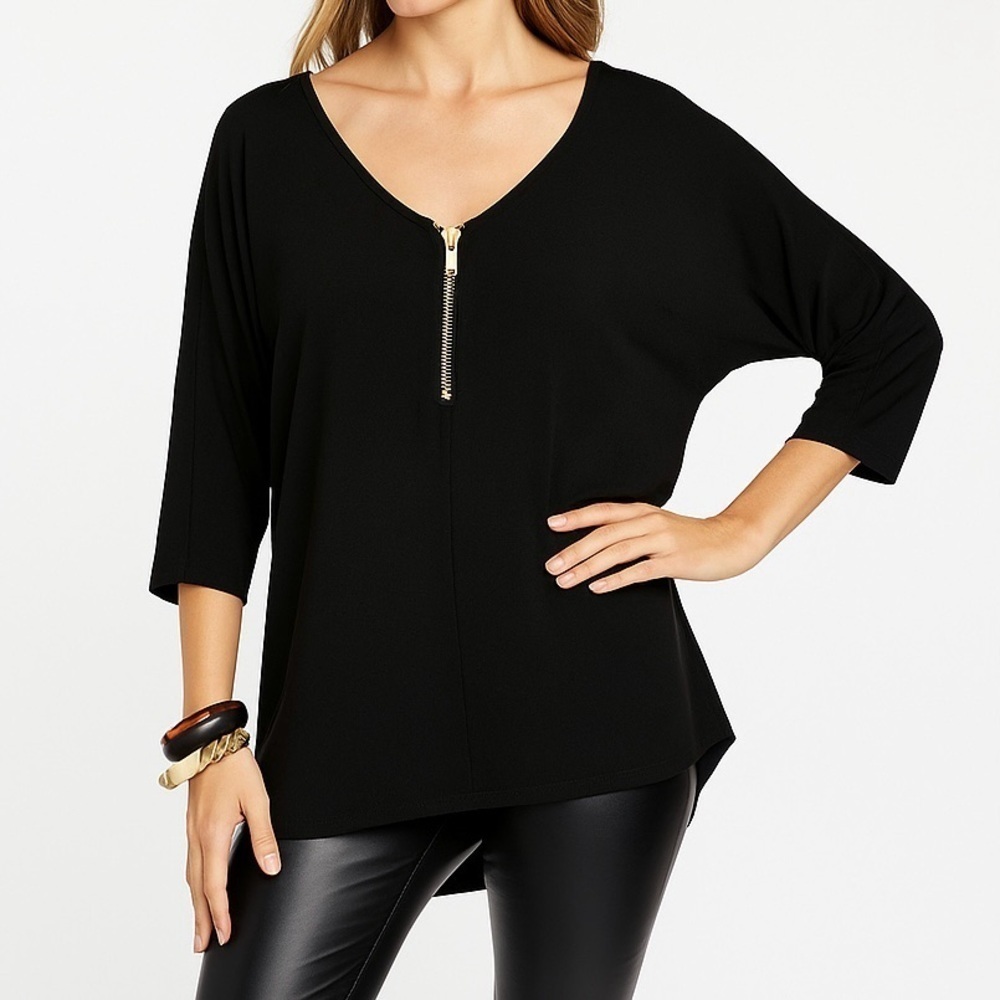 Chelsea & Theodore High-low Tunic 
Gold Zip Raglan ¾ Sleeve Casual Luxe Black S